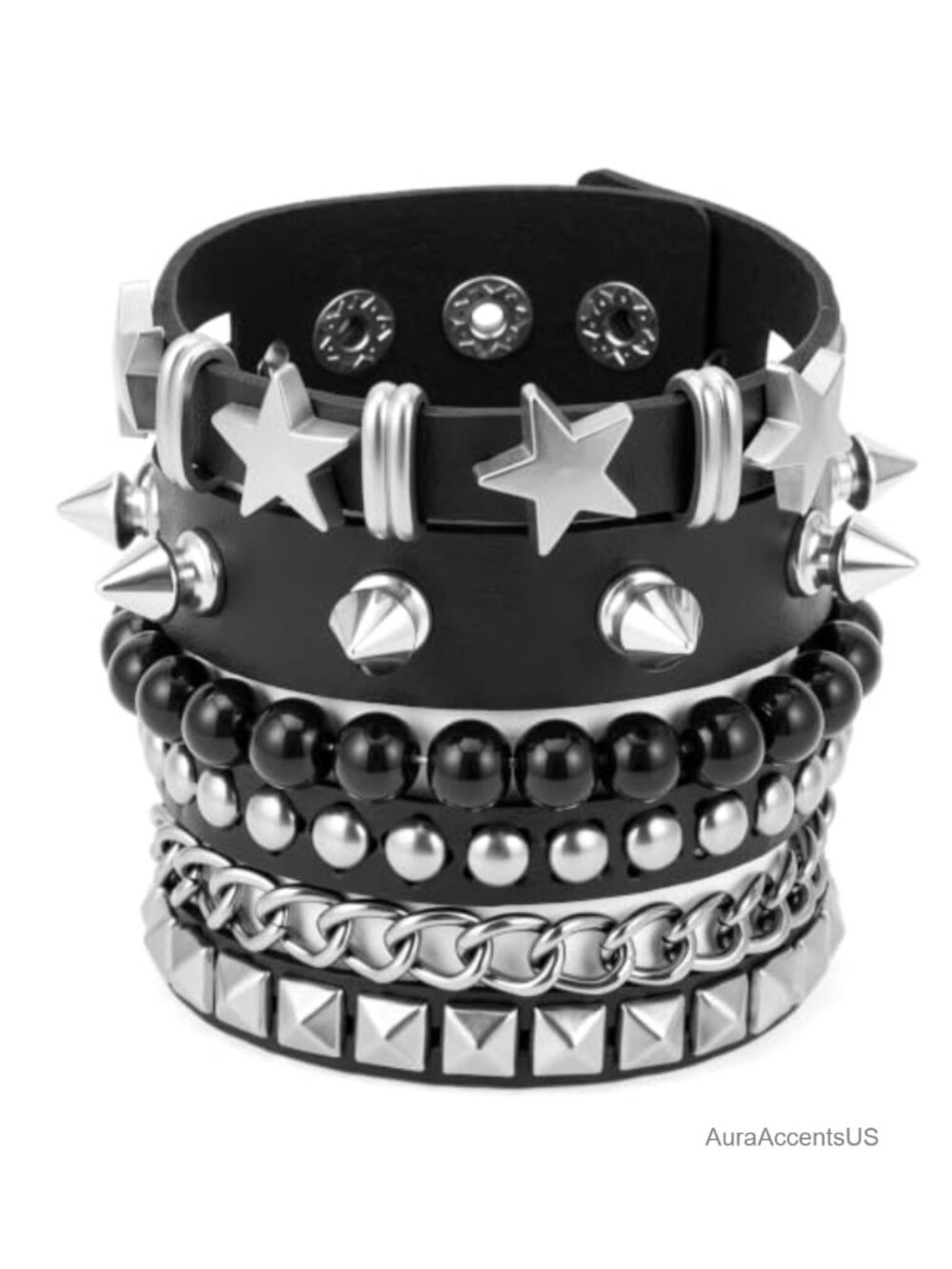 Punk Spiked Studded Bracelets Set of 4 Faux Leather Adjustable Wristband Gothic